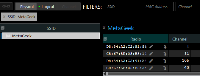 Networks Table showing MetaGeek SSID with unaliased access points and their radios